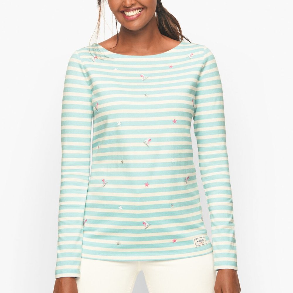 TALBOTS Long Sleeve Ice Skate Embroidered, BLUE ICE/IVORY, Medium